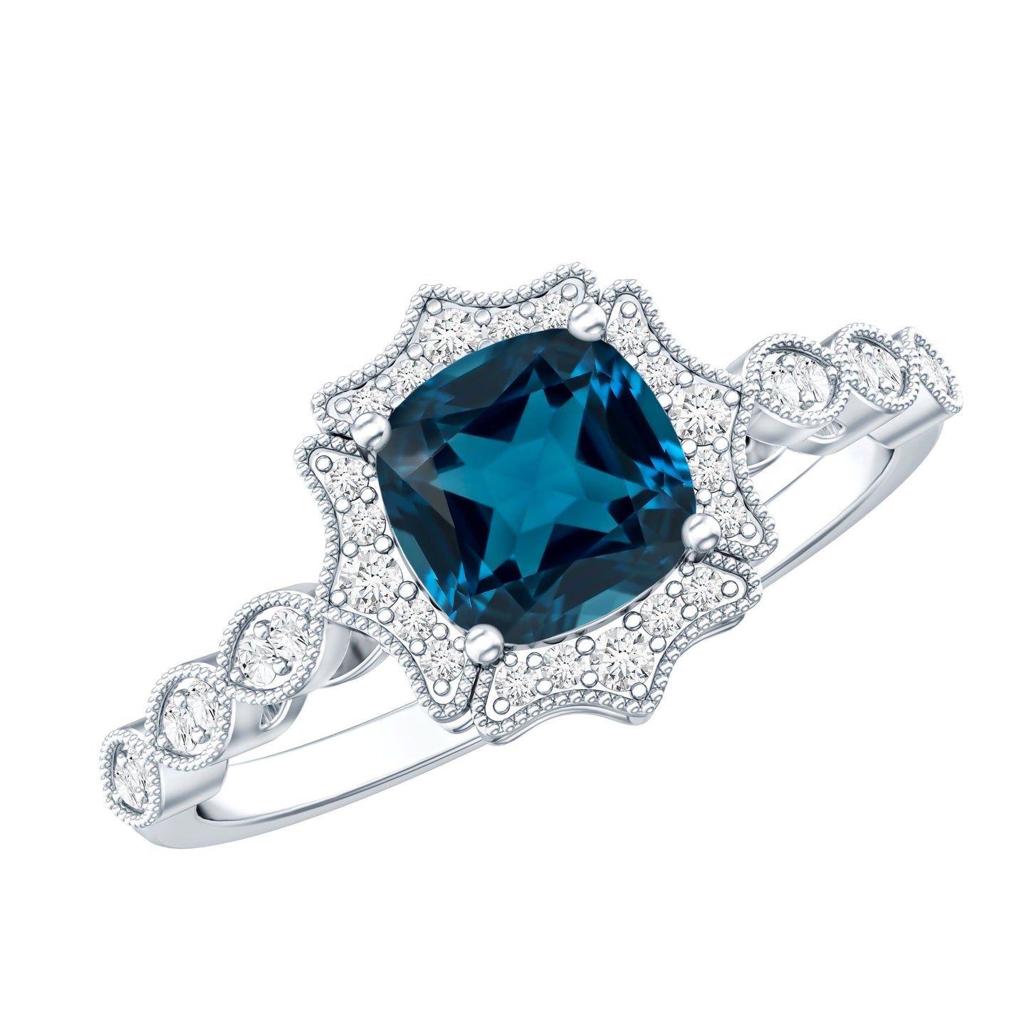 Genuine London Blue Topaz Antique Looking Engagement Ring in Silver