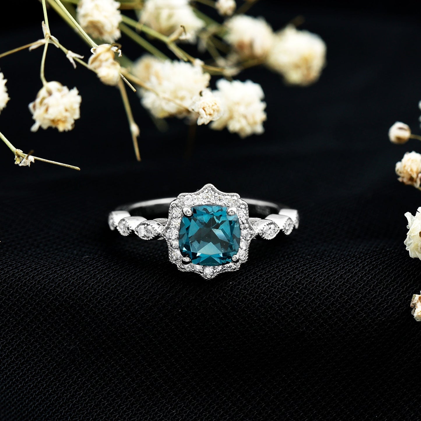 Genuine London Blue Topaz Antique Looking Engagement Ring in Silver
