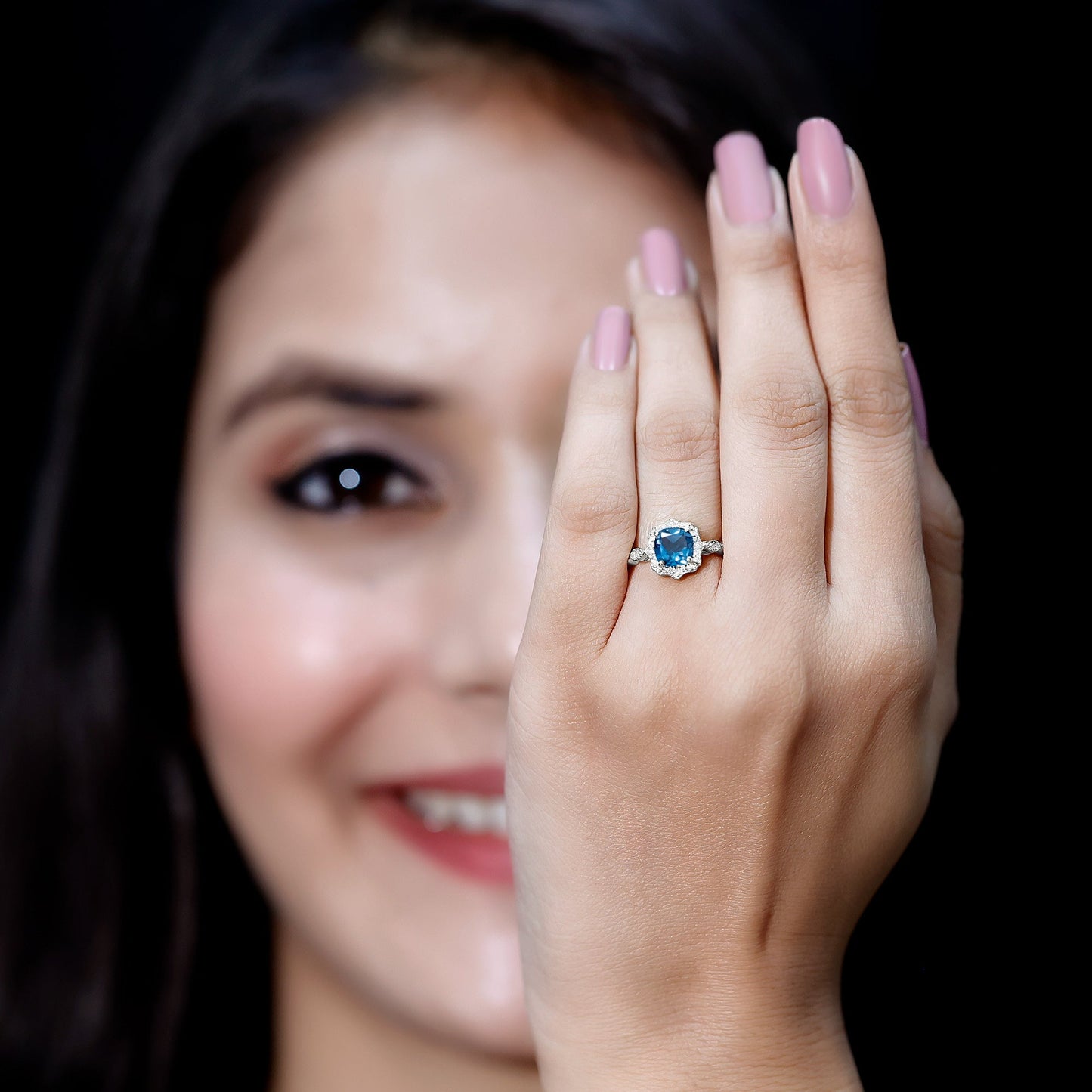 Genuine London Blue Topaz Antique Looking Engagement Ring in Silver