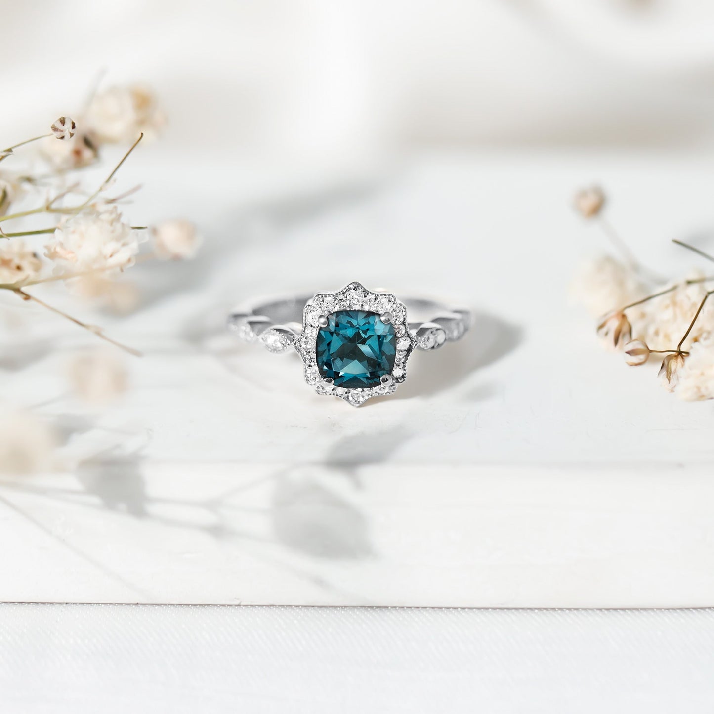Genuine London Blue Topaz Antique Looking Engagement Ring in Silver