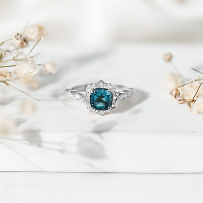 Genuine London Blue Topaz Antique Looking Engagement Ring in Silver