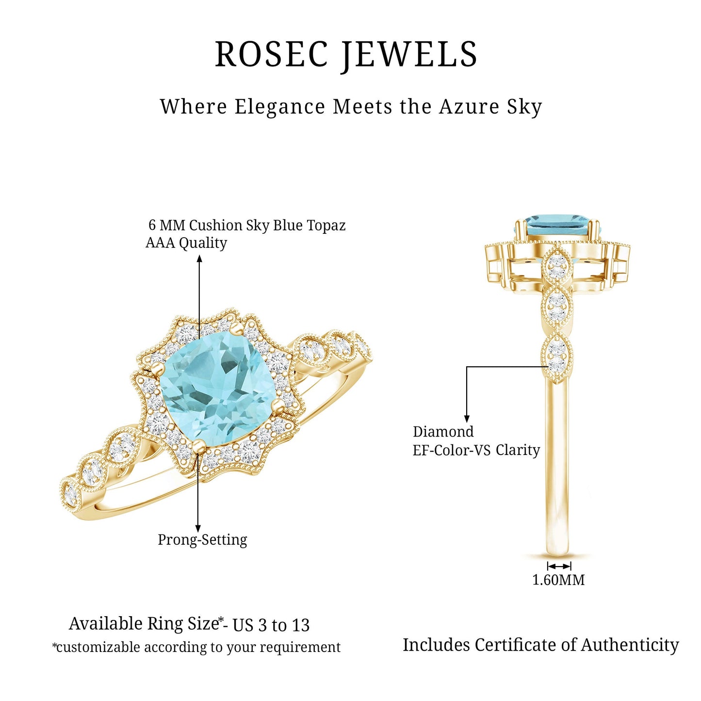 Sky Blue Topaz Vintage Style Engagement Ring with Lab Diamonds