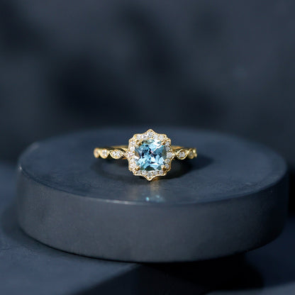Sky Blue Topaz Vintage Style Engagement Ring with Lab Diamonds