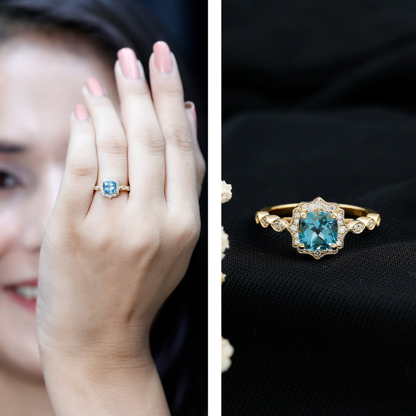 Vintage Looking Swiss Blue Topaz Diamond Engagement Ring in Silver
