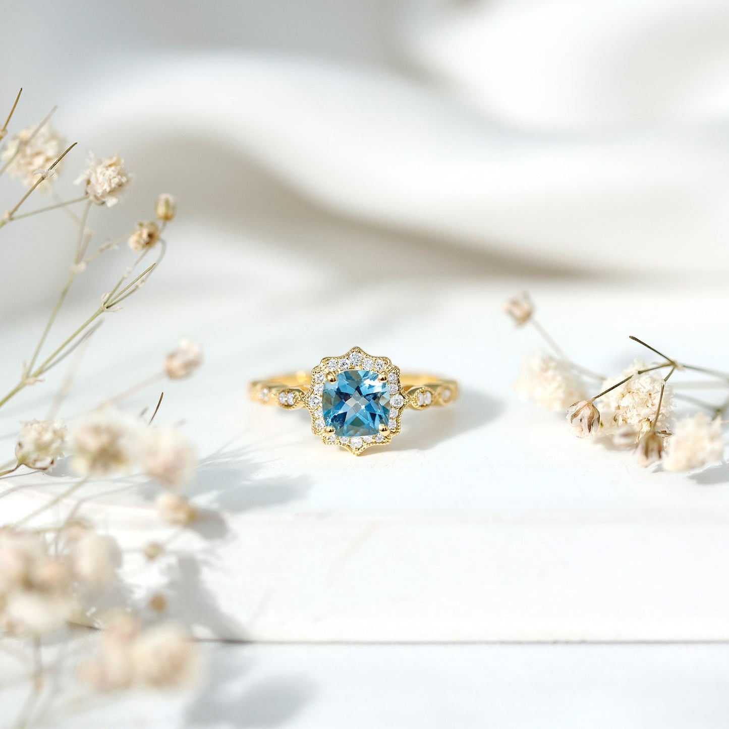 Vintage Looking Swiss Blue Topaz Diamond Engagement Ring in Silver