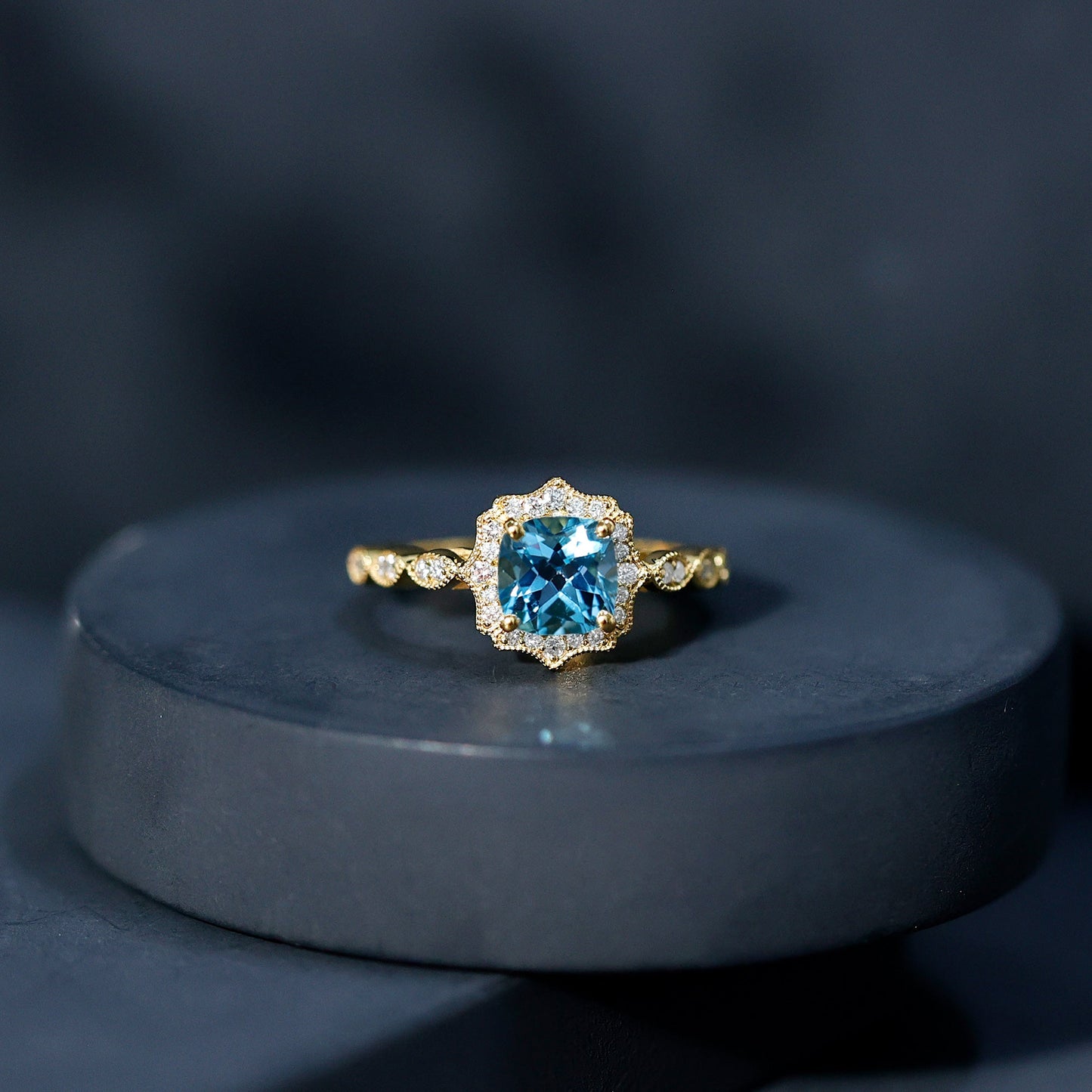 Vintage Looking Swiss Blue Topaz Diamond Engagement Ring in Silver