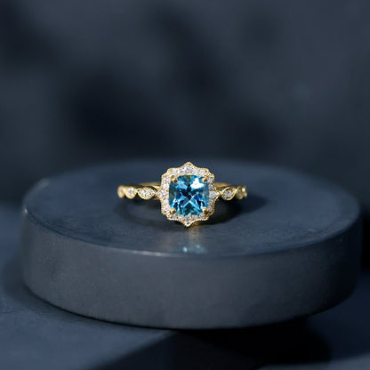 Vintage Looking Swiss Blue Topaz Diamond Engagement Ring in Silver