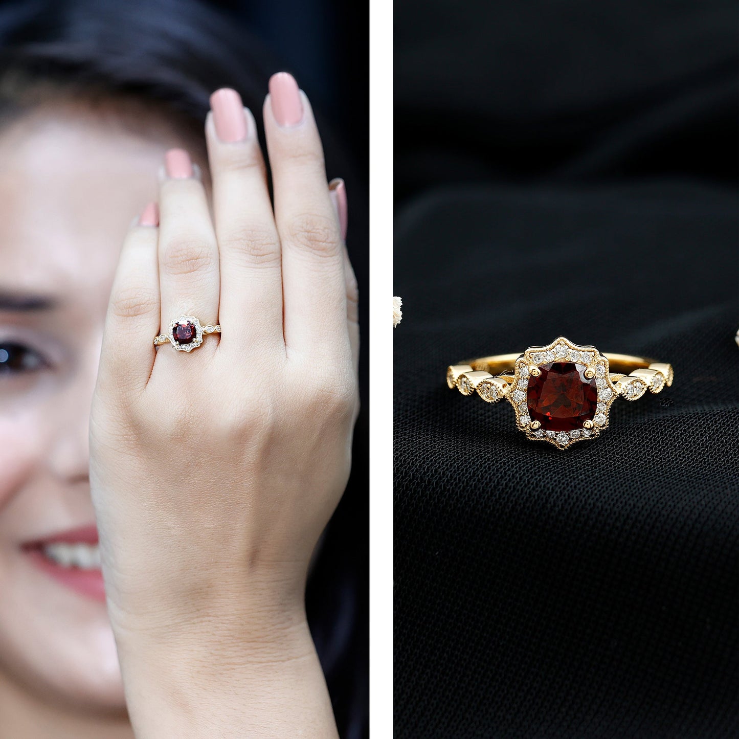Garnet Vintage Engagement Ring with Lab Diamond Halo