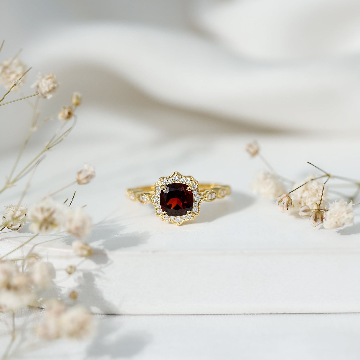 Garnet Vintage Engagement Ring with Lab Diamond Halo