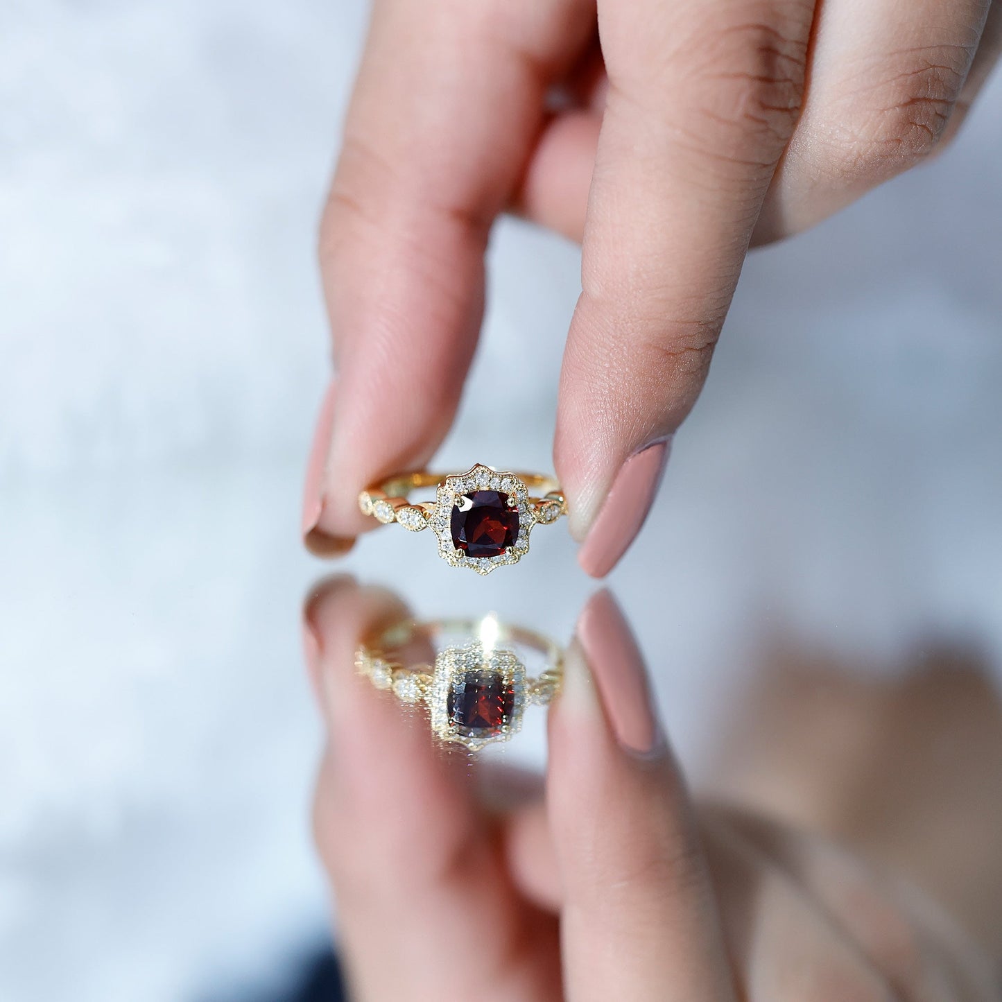 Garnet Vintage Engagement Ring with Lab Diamond Halo