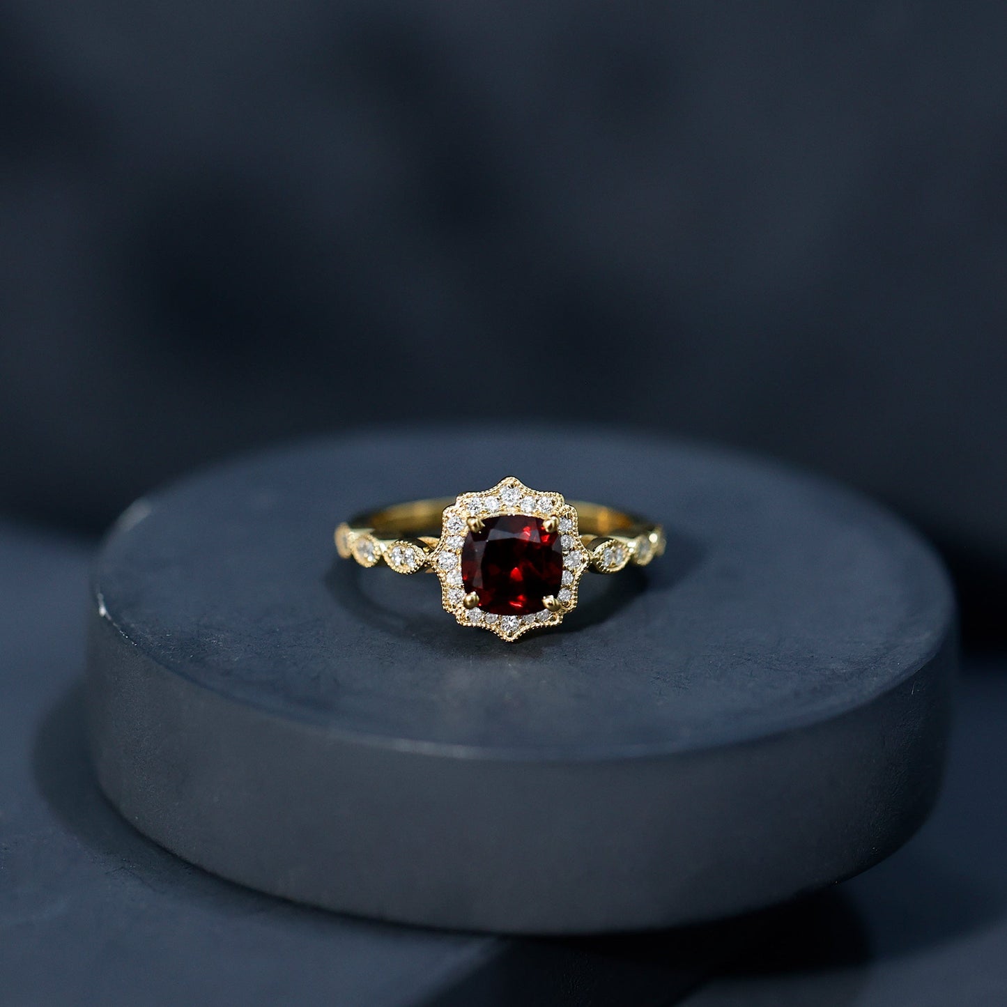Garnet Vintage Engagement Ring with Lab Diamond Halo