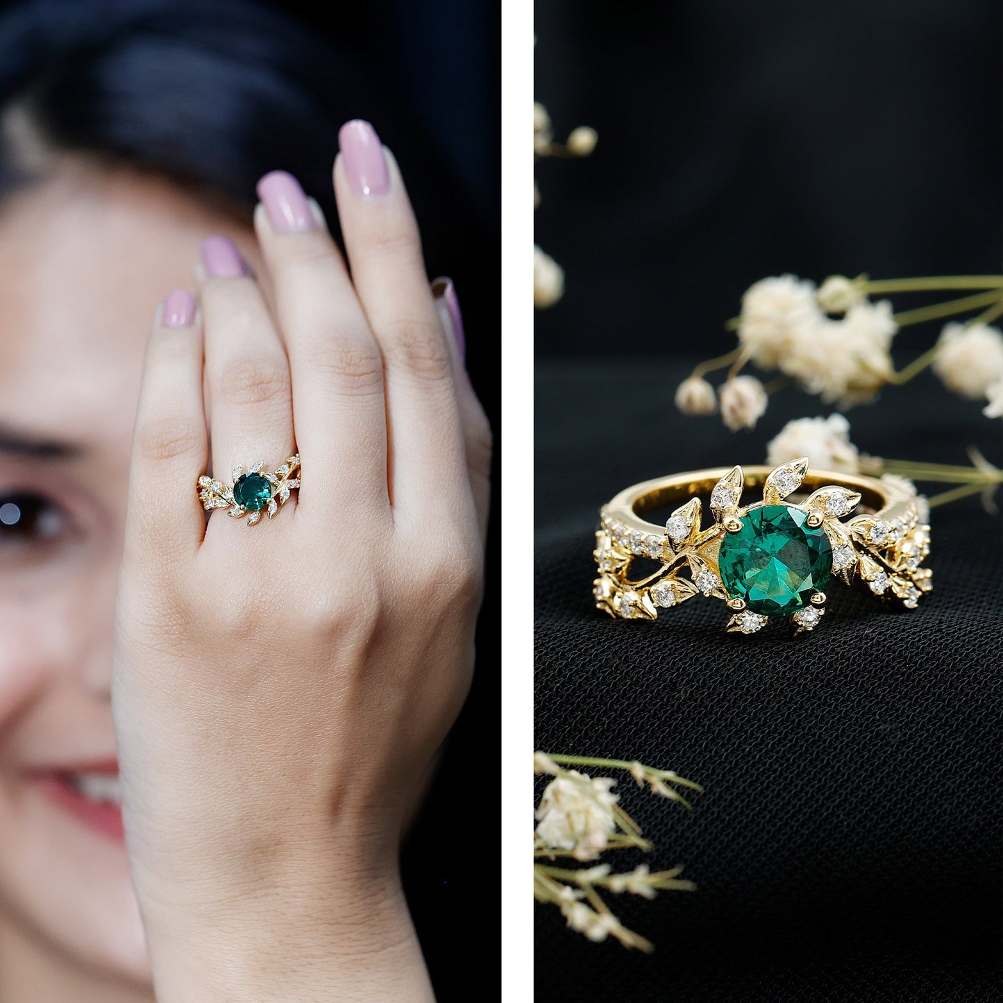 Lab Created Emerald and Diamond Vine Engagement Ring in Silver