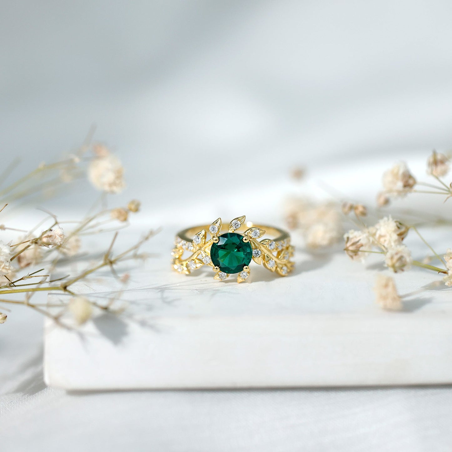 Lab Created Emerald and Diamond Vine Engagement Ring in Silver