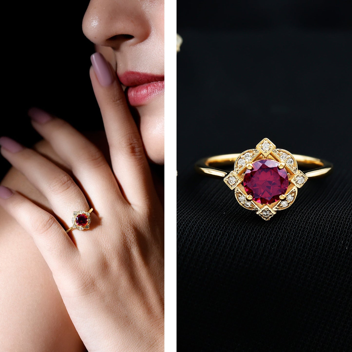 Vintage Style Rhodolite Garnet and Diamond Engagement Ring