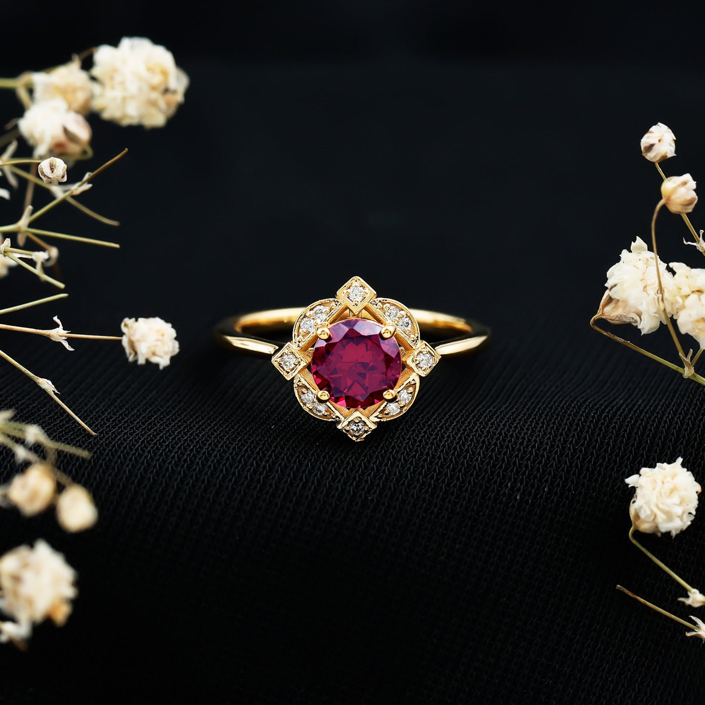 Vintage Style Rhodolite Garnet and Diamond Engagement Ring