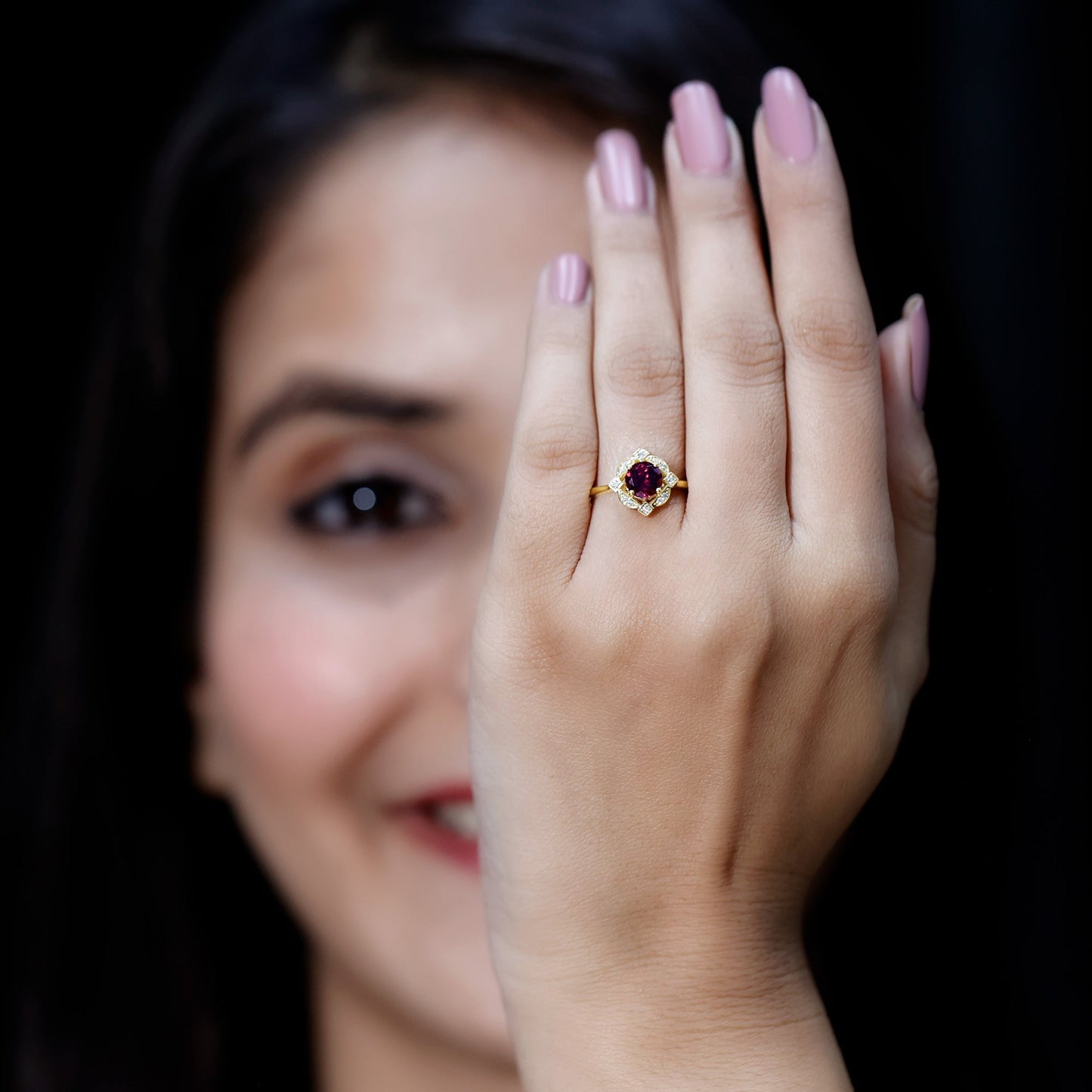 Vintage Style Rhodolite Garnet and Diamond Engagement Ring