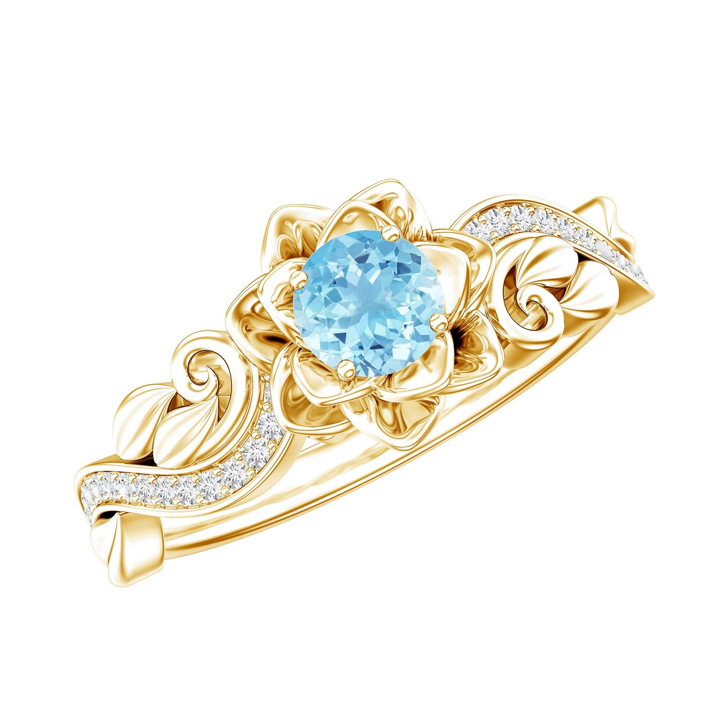 Natural Aquamarine and Diamond Flower Engagement Ring in Gold Plated Silver