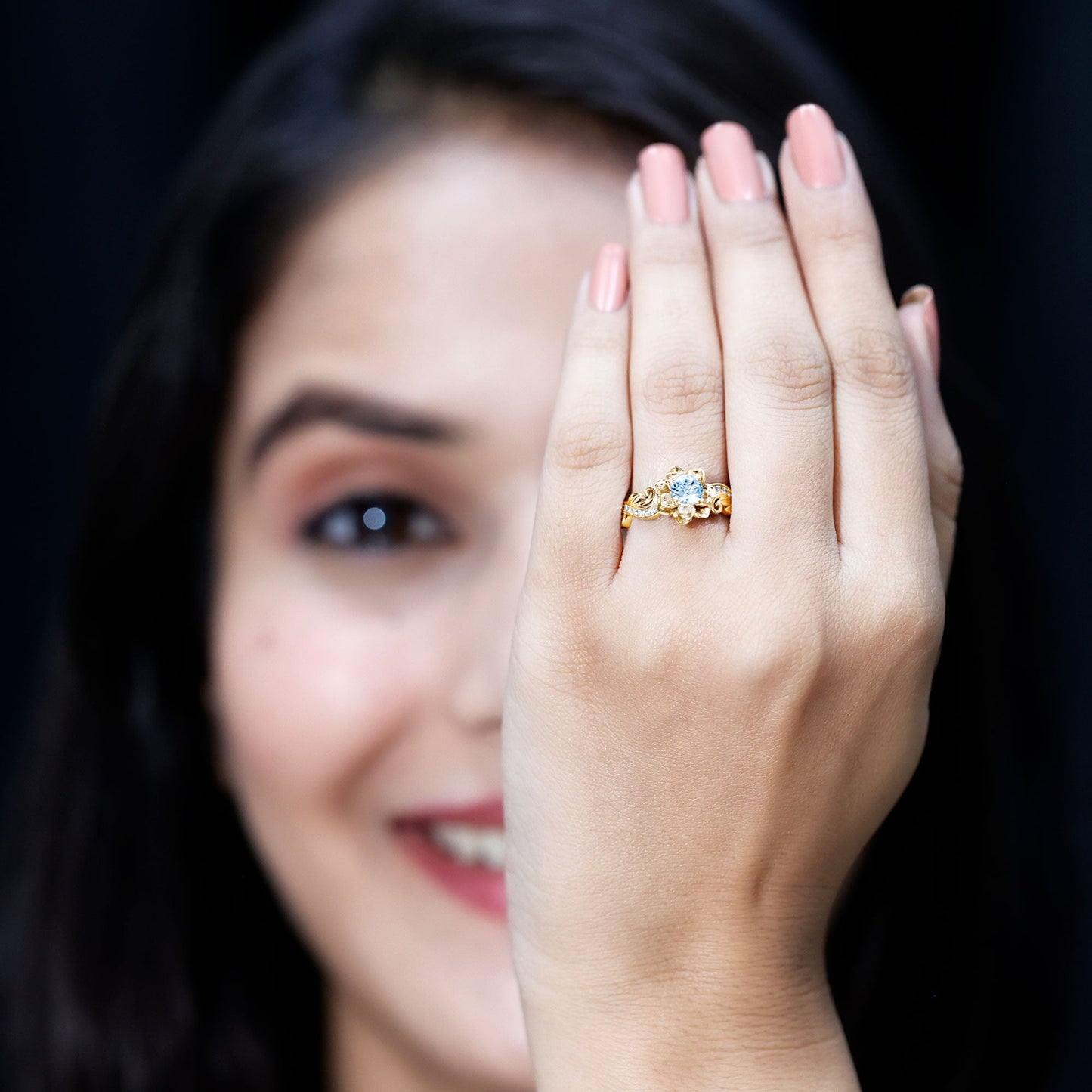 Natural Aquamarine and Diamond Flower Engagement Ring in Gold Plated Silver