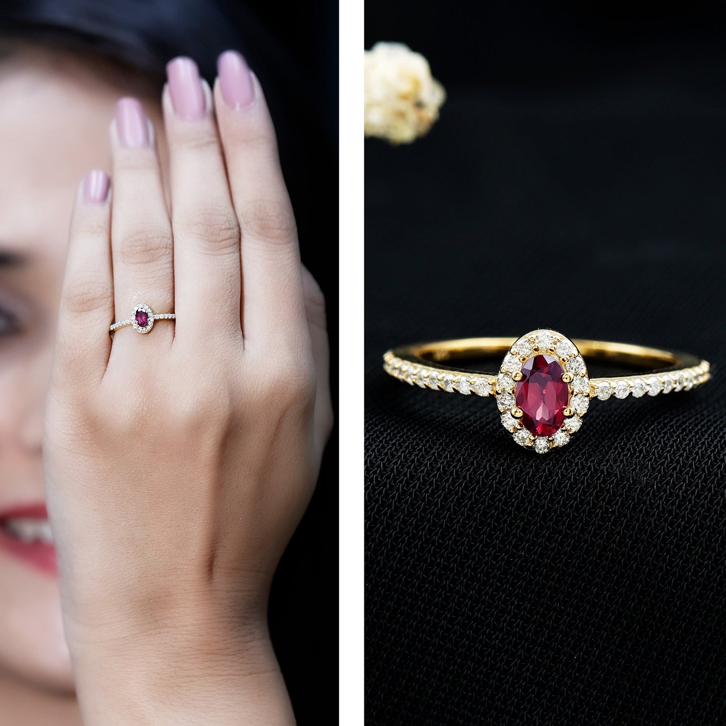 Oval Rhodolite Garnet and Diamond Promise Ring for Her
