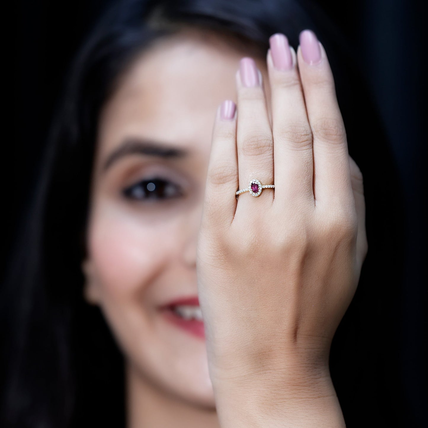 Oval Rhodolite Garnet and Diamond Promise Ring for Her