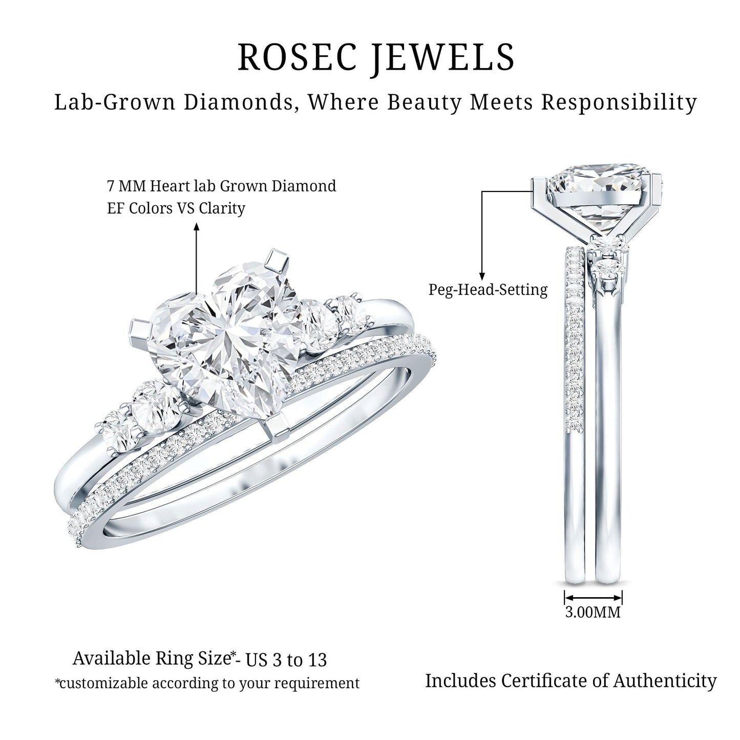 1.2 Carat Certified Lab Grown Diamond Heart Bridal Ring Set