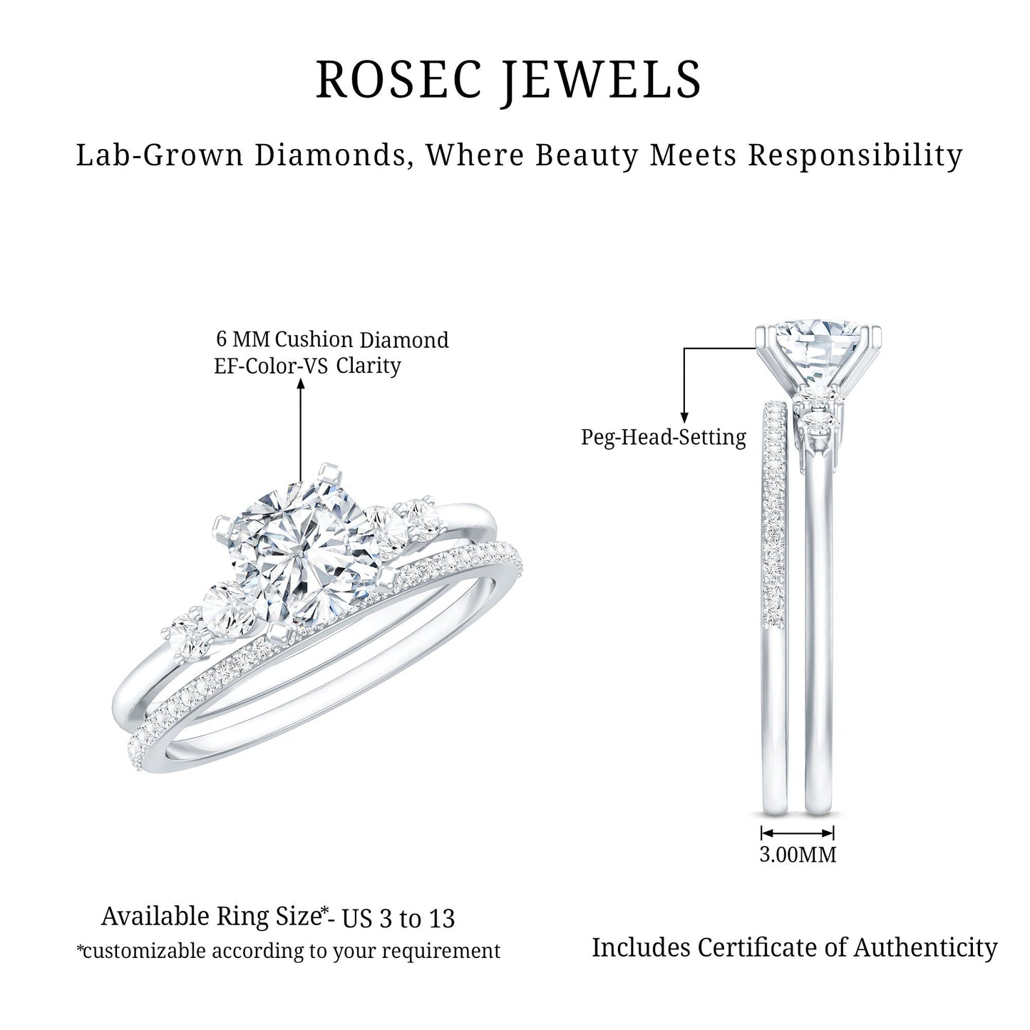 1.7 Carat Lab Grown Diamond Cushion Engagement Ring with Wedding band