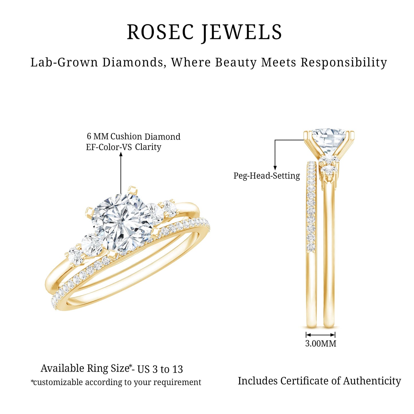 1.7 Carat Lab Grown Diamond Cushion Engagement Ring with Wedding band