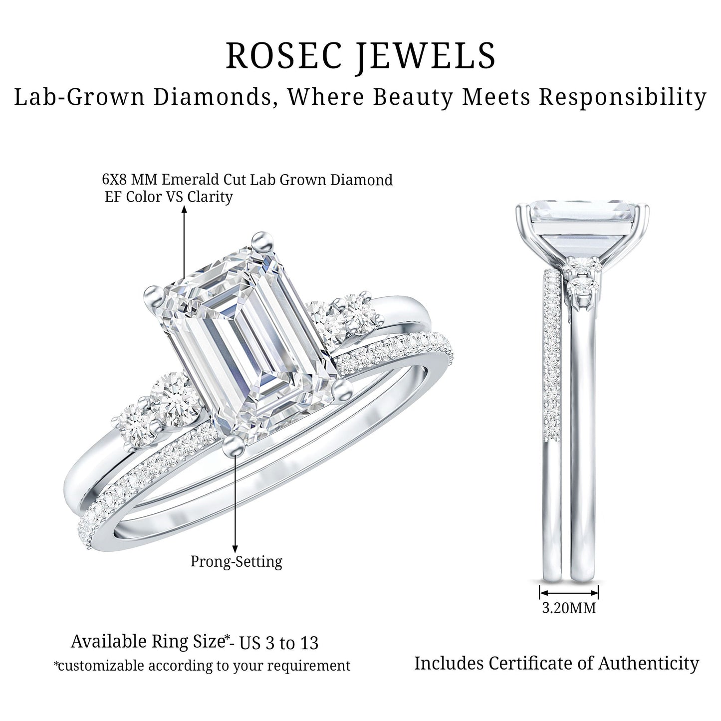 Certified Lab Grown Diamond 1.8 Carat Emerald Cut Engagement Ring with Band