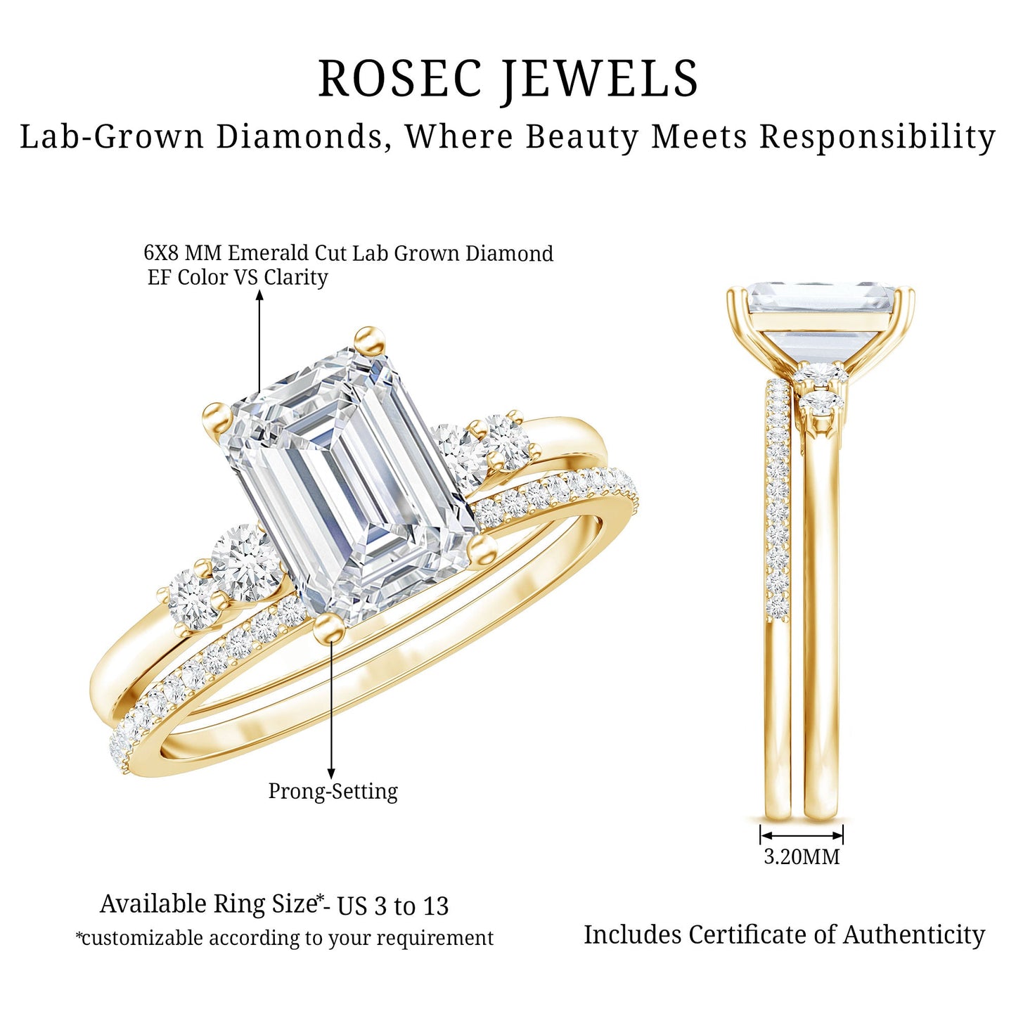 Certified Lab Grown Diamond 1.8 Carat Emerald Cut Engagement Ring with Band
