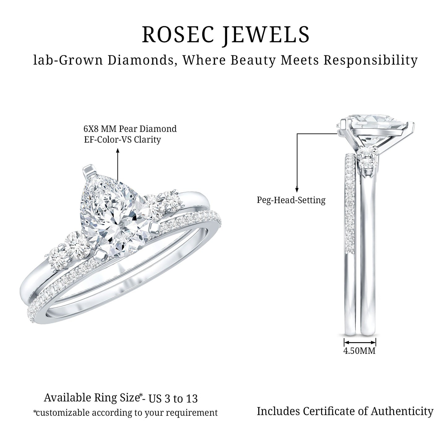 1.3 Carat Certified Lab Grown Diamond Teardrop Bridal Ring Set