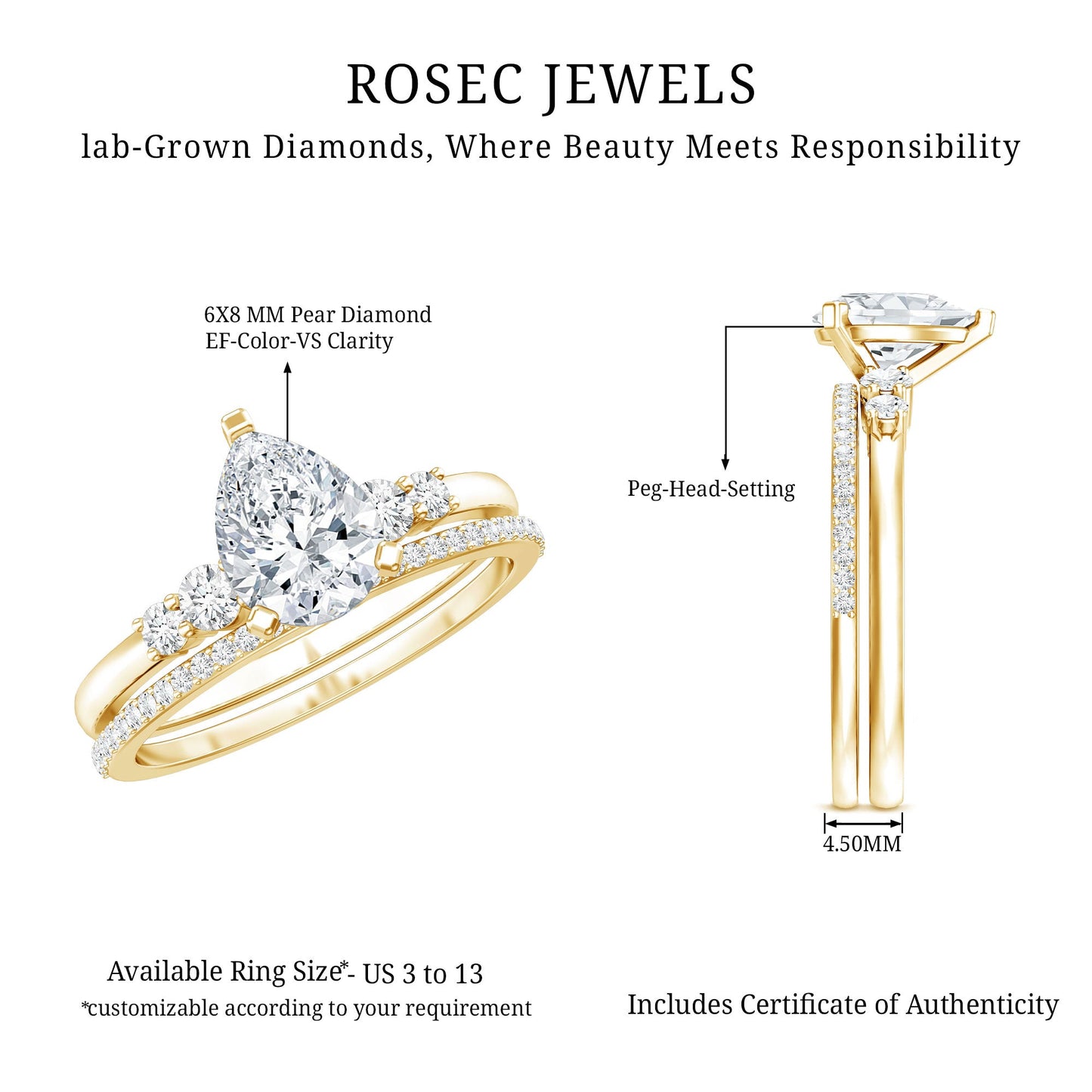 1.3 Carat Certified Lab Grown Diamond Teardrop Bridal Ring Set