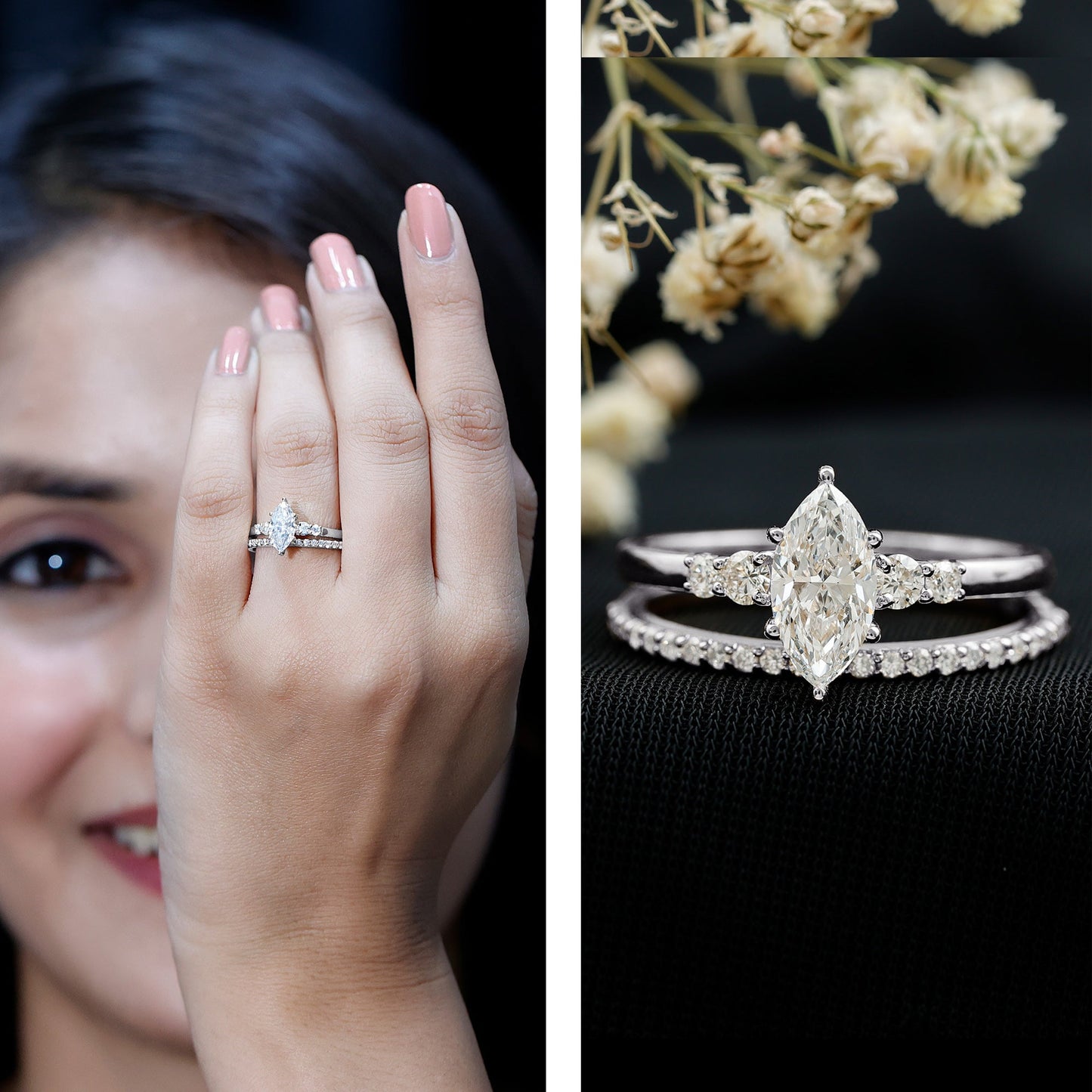 Lab Grown Diamond 1 Carat Marquise Engagement Ring with Wedding Band