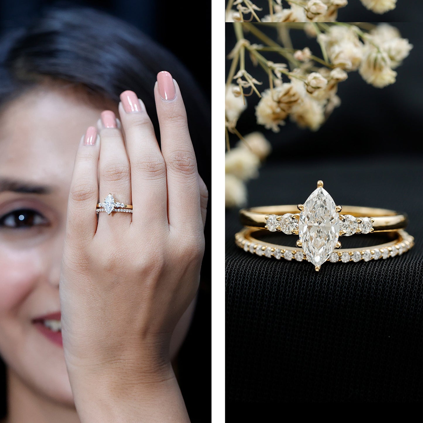 Lab Grown Diamond 1 Carat Marquise Engagement Ring with Wedding Band