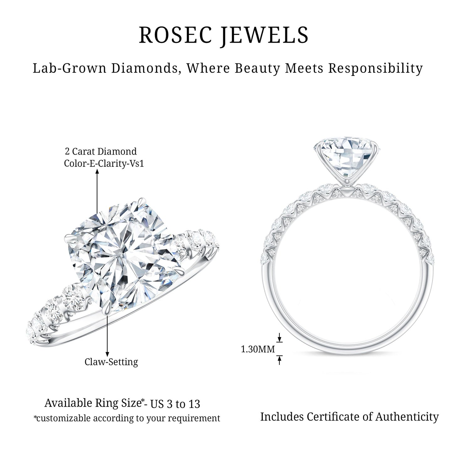 IGI Certified 2 Carat Cushion Cut Lab Grown Diamond Engagement Ring with Side Stones