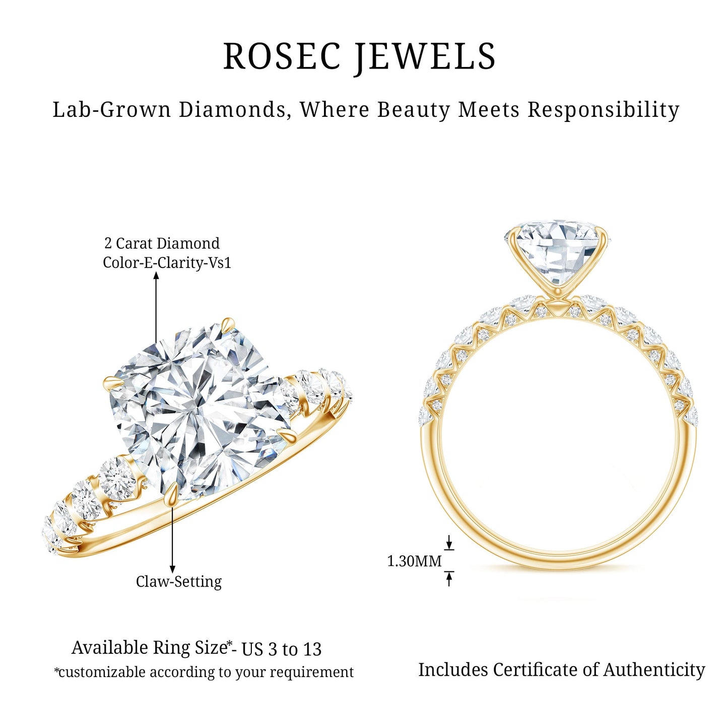 IGI Certified 2 Carat Cushion Cut Lab Grown Diamond Engagement Ring with Side Stones