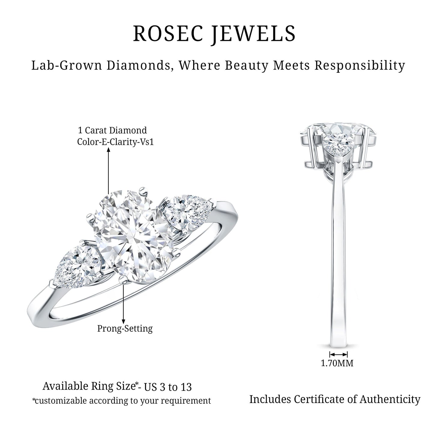 1 Carat Lab Grown Diamond Three Stone Engagement Ring with IGI Certificate