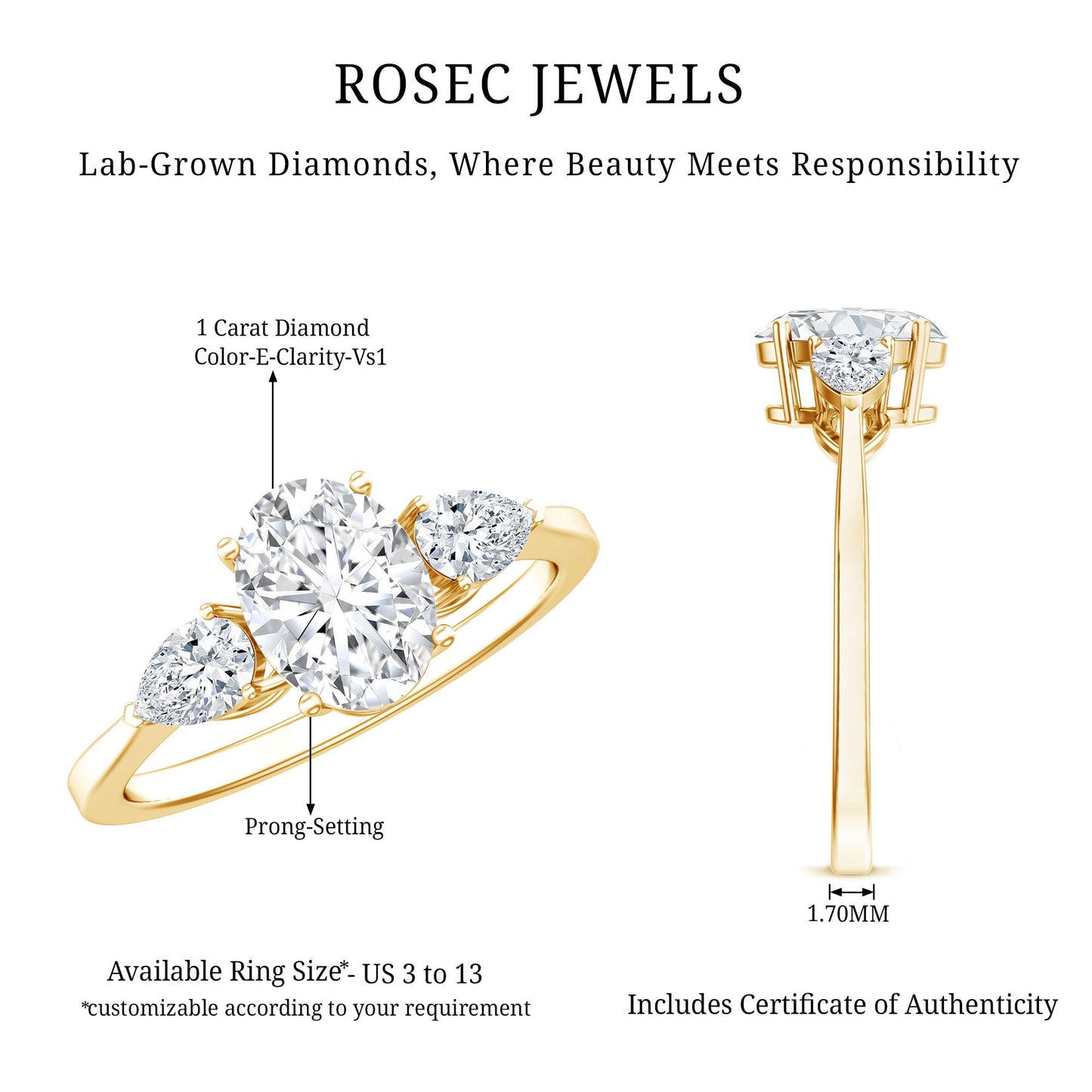 1 Carat Lab Grown Diamond Three Stone Engagement Ring with IGI Certificate