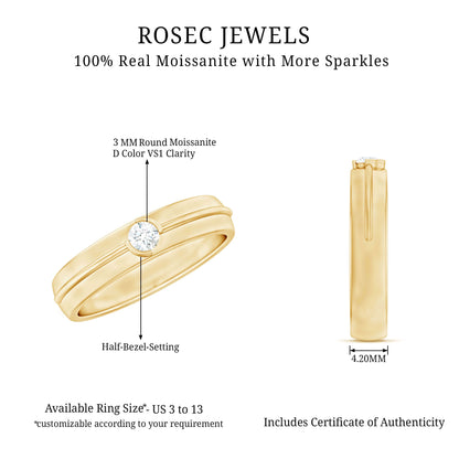 Bezel Set Round Moissanite Mens Wedding Band Ring