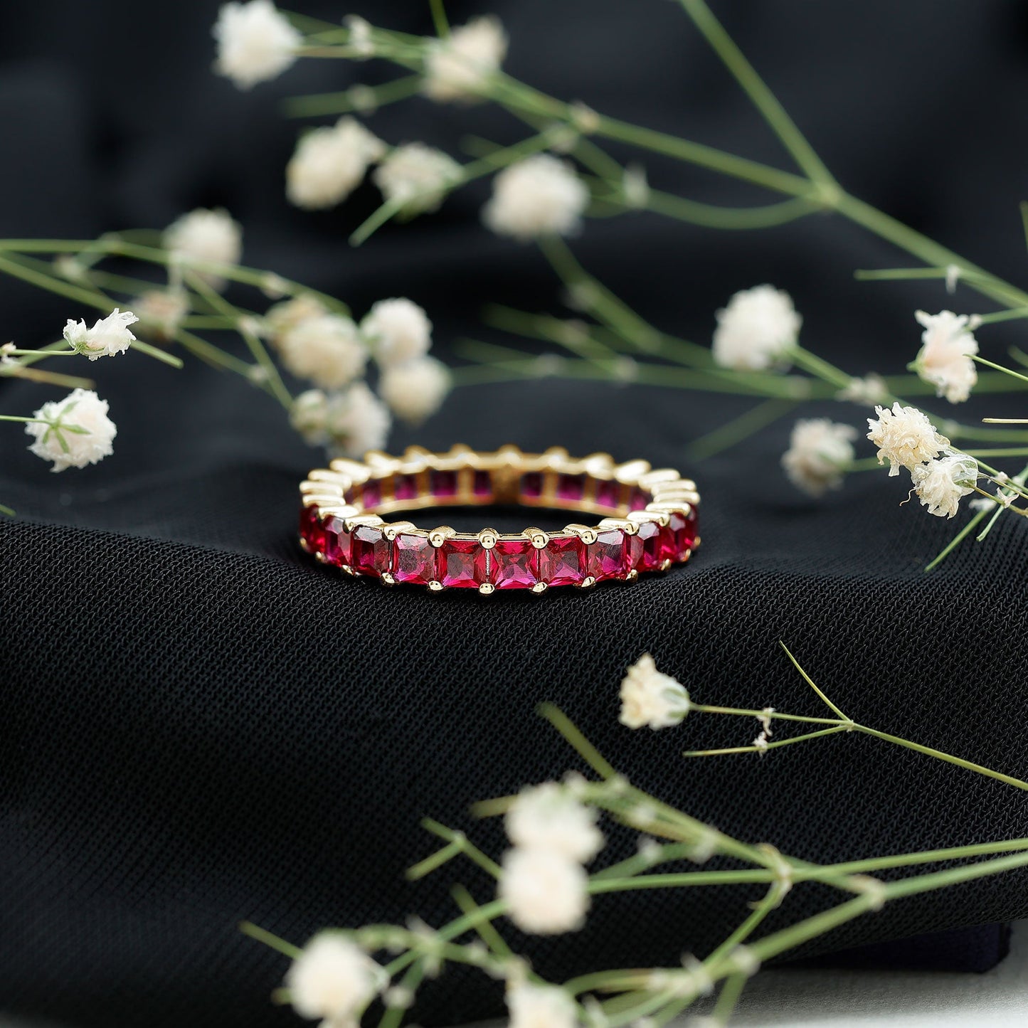 Princess Cut Lab Grown Ruby Eternity Wedding Band for Women