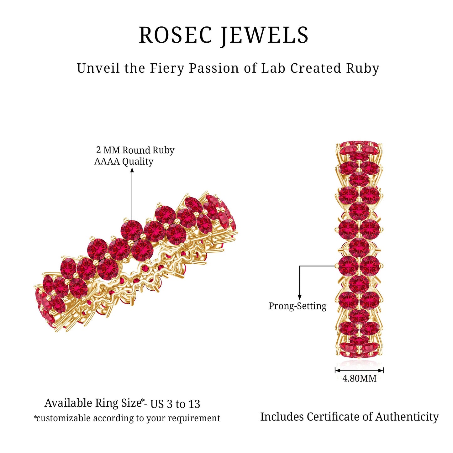 Round Lab Created Ruby Cluster Eternity Ring in Prong Setting