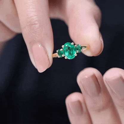 AAAA Quality Oval Cut Lab Created Emerald Three Stone Ring for Women