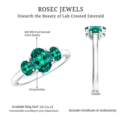AAAA Quality Oval Cut Lab Created Emerald Three Stone Ring for Women