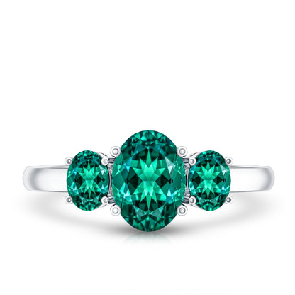 AAAA Quality Oval Cut Lab Created Emerald Three Stone Ring for Women