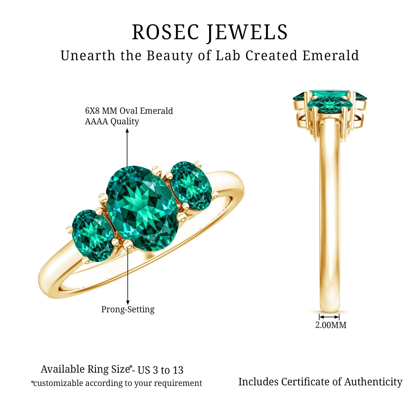 AAAA Quality Oval Cut Lab Created Emerald Three Stone Ring for Women