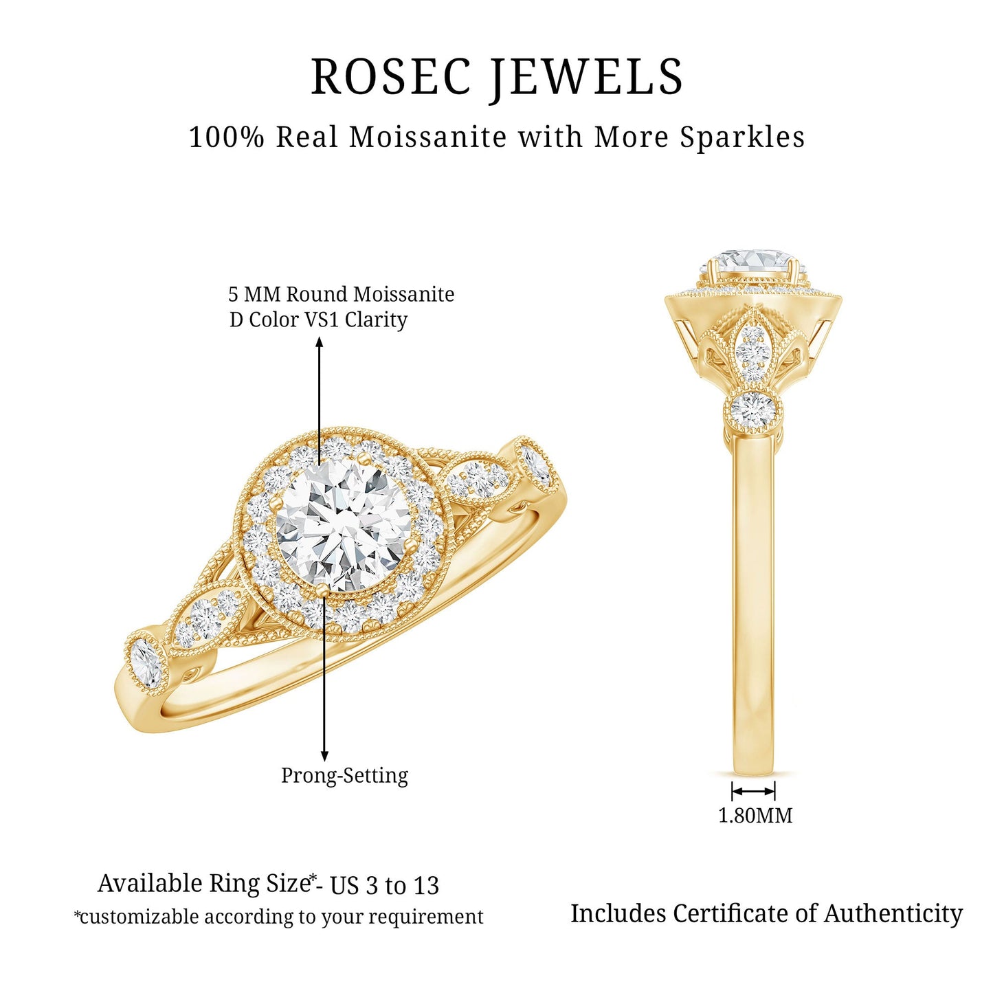 Round Cut Moissanite Antique Engagement Ring