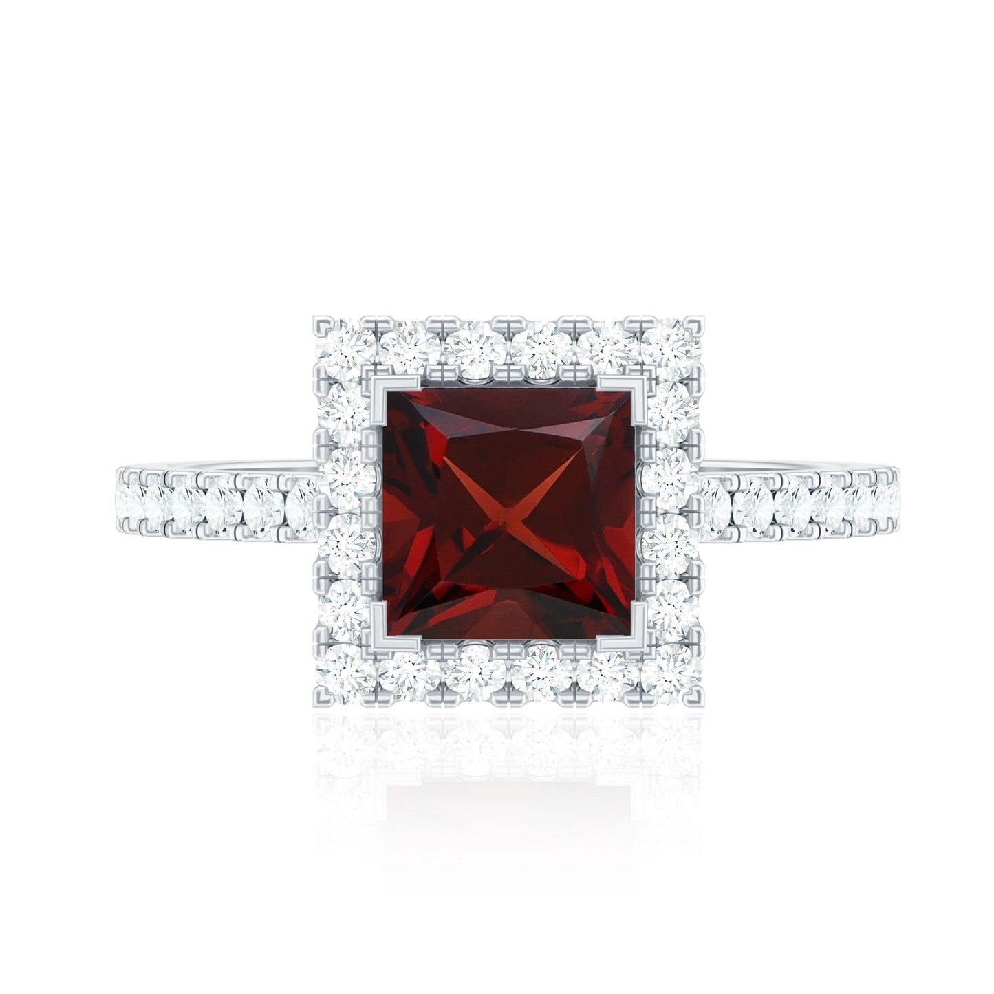 Natural Garnet Princess Cut Engagement Ring with Diamond Halo