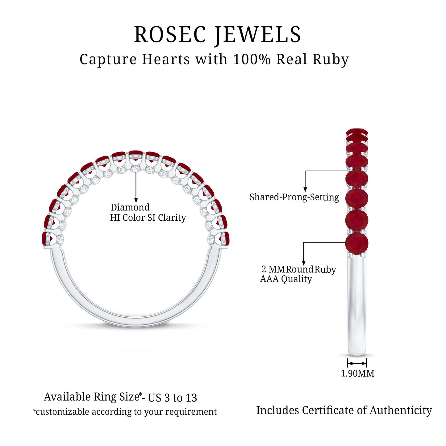 Genuine Ruby Half Eternity Ring with Diamond