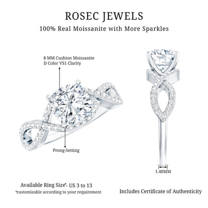 3 CT Cushion Cut Moissanite Solitaire Ring With Crossover Shank