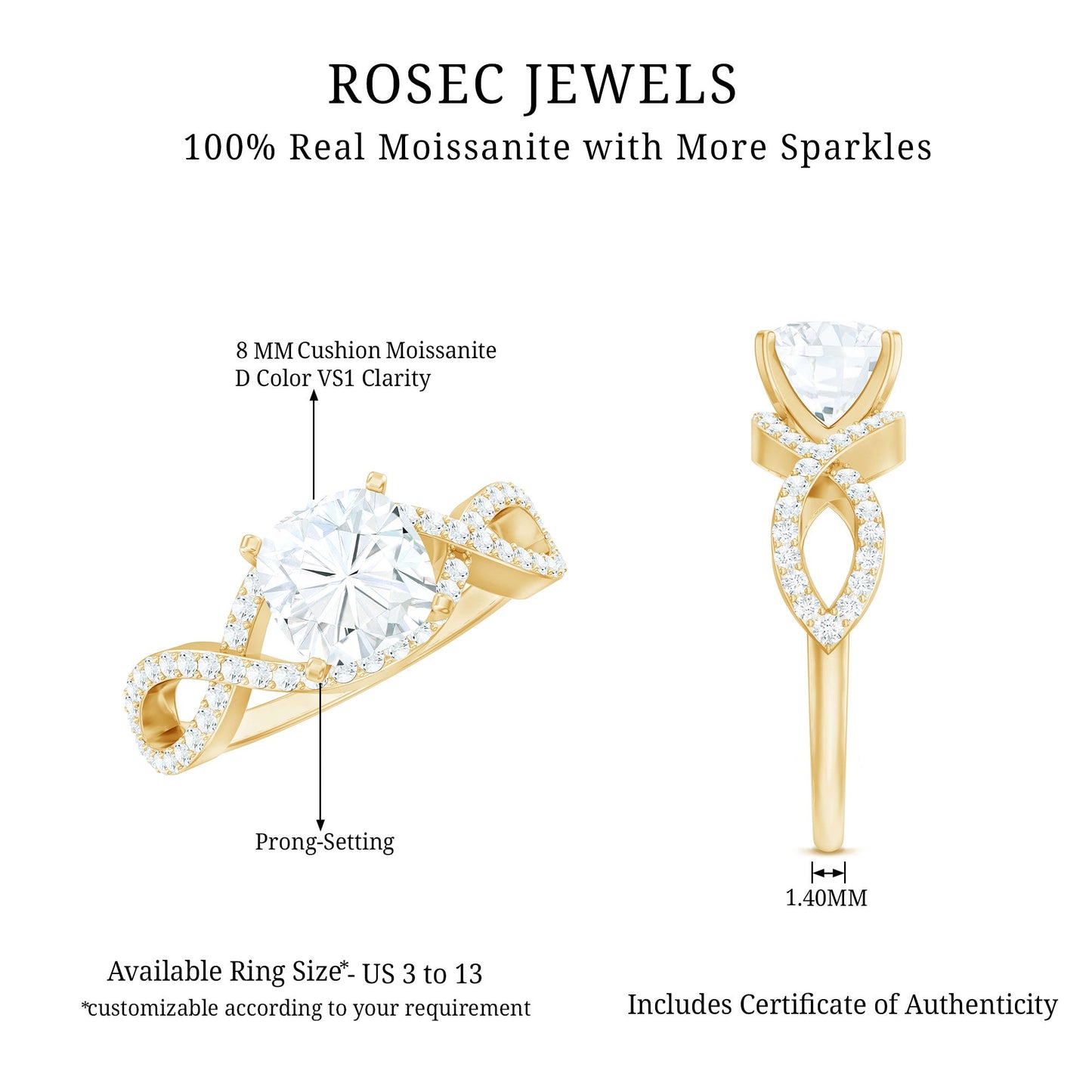 3 CT Cushion Cut Moissanite Solitaire Ring With Crossover Shank