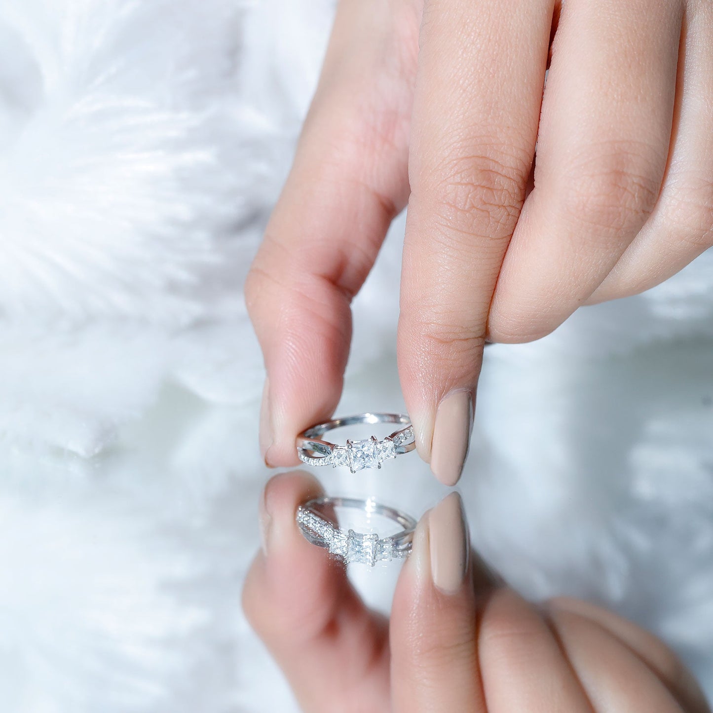 Princess Cut Moissanite Three Stone Engagement Ring